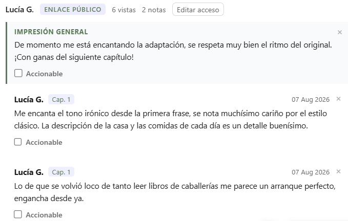La vista de lectura de un lector beta en Draftory Studio