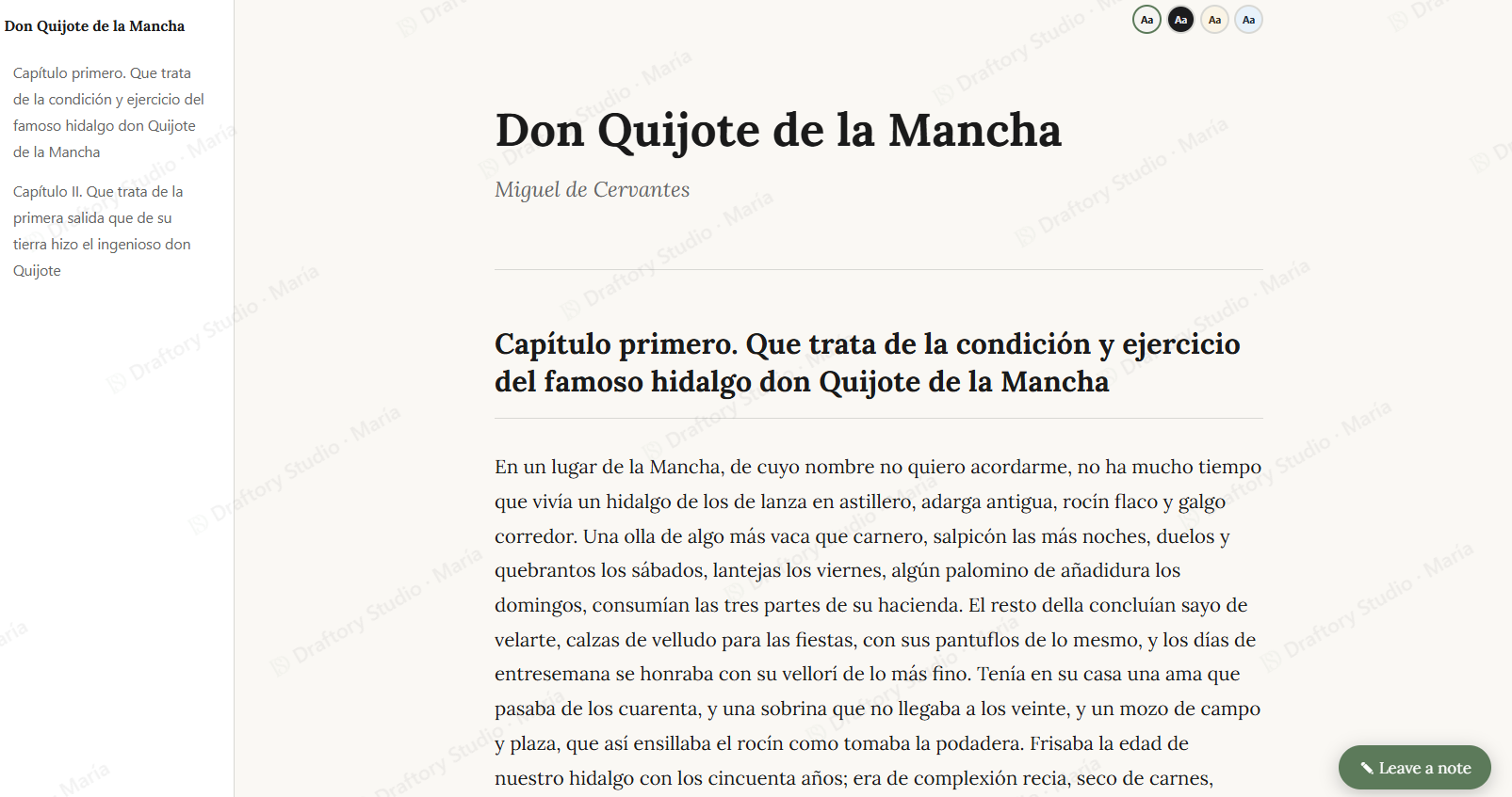 La vista de lectura de un lector beta en Draftory Studio