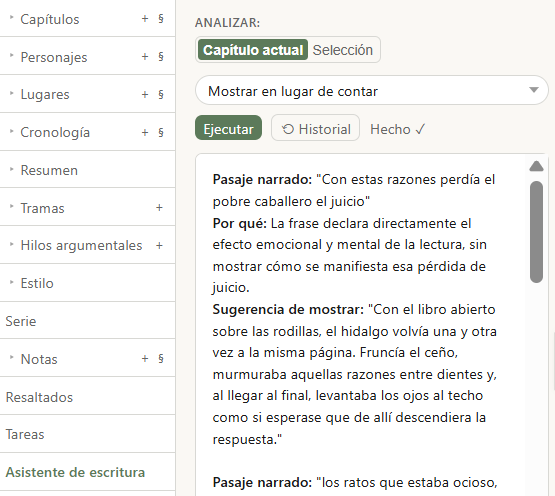 El Asistente de escritura analizando un pasaje para mostrar en vez de contar
