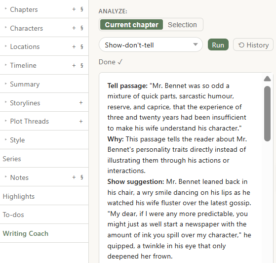 Writing Coach analysing a passage for show-don't-tell