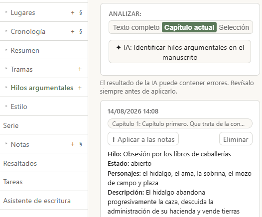 Los botones IA: Extraer personajes/lugares/hilos y las tarjetas resultantes en el tablero