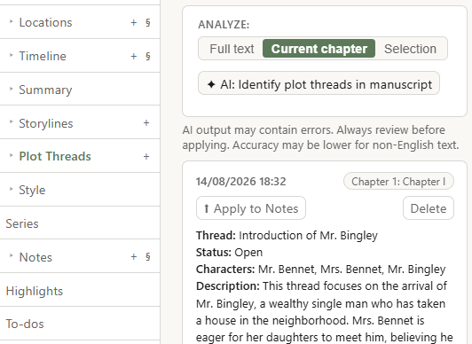 The AI: Extract characters/locations/plot threads buttons and the resulting cards on the board