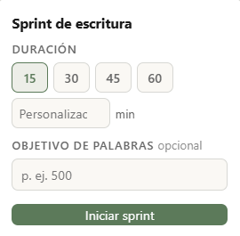 Un sprint en curso, temporizador y conteo de palabras en vivo
