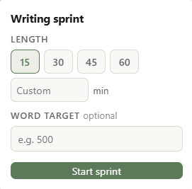 A sprint in progress, timer and live word count